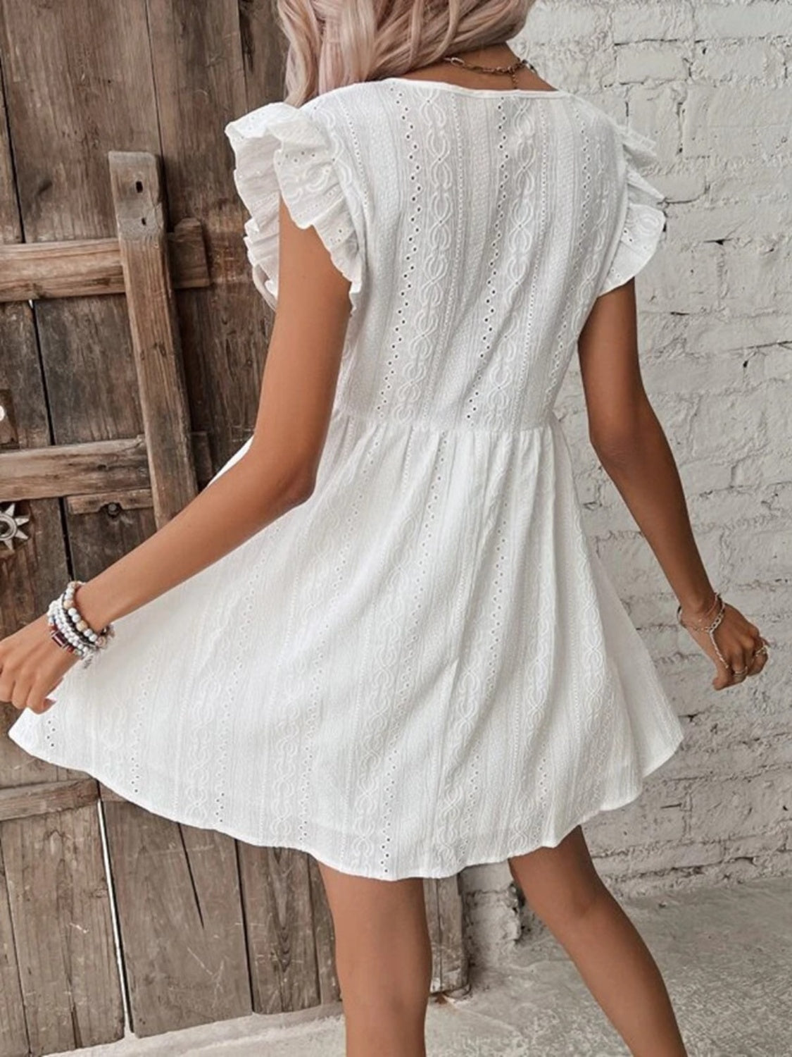 Eyelet Ruffled Cap Sleeve Mini Dress - store name